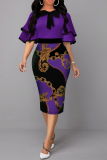 Purple Vintage Print Flounce O Neck Pencil Skirt Dresses