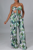 Dark Green Vacation Print Bandage Strapless Sleeveless Two Pieces