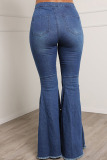Deep Blue Casual Street Solid Patchwork Beading High Waist Boot Cut Denim Jeans