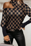Burgundy Fashion Casual Print Hollowed Out Turtleneck Tops