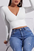 White Fashion Casual Solid Patchwork V Neck Tops