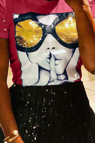 Wine Red Chic Sequined Decorative Blending T-shirt