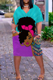 Blue Purple Fashion Casual Print Basic V Neck Short Sleeve Dress