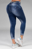 Dark Blue Fashion Casual Solid Ripped Mid Waist Skinny Denim Jeans