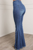 Blue Casual Street Solid Patchwork Beading High Waist Boot Cut Denim Jeans