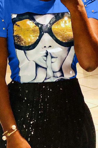 Royal blue Chic Sequined Decorative Blending T-shirt