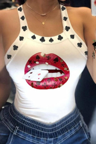White Sexy Print Patchwork U Neck Tops