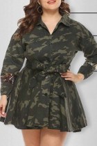 Camouflage Fashion Casual Camouflage Print Patchwork With Belt Turndown Collar Plus Size Overcoat