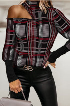 Burgundy Fashion Casual Print Hollowed Out Turtleneck Tops