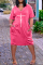 Light Pink Fashion Casual Print Basic V Neck Short Sleeve Dress