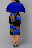 Blue Vintage Print Flounce O Neck Pencil Skirt Dresses