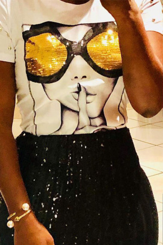 White Chic Sequined Decorative Blending T-shirt