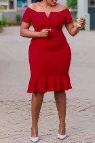 Red Sexy Casual Plus Size Solid Backless Off the Shoulder Short Sleeve Dress