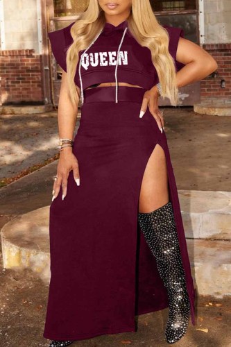 Burgundy Fashion Casual Letter Print Slit Hooded Collar Two Pieces