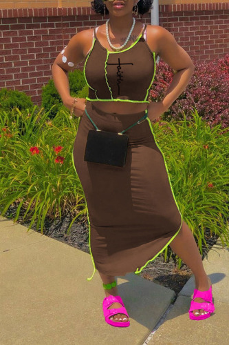 Coffee Sexy Print Patchwork Asymmetrical Spaghetti Strap Sleeveless Two Pieces