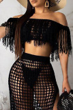 Black Sexy Solid Tassel Hollowed Out Patchwork Off the Shoulder Half Sleeve Two Pieces