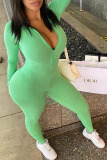 Green Sexy Solid Zipper Patchwork O Neck Skinny Jumpsuits