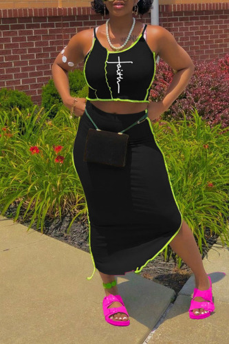 Black Sexy Print Patchwork Asymmetrical Spaghetti Strap Sleeveless Two Pieces