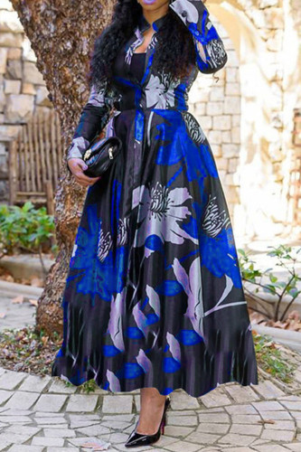 Blue Fashion Print Basic Turndown Collar Long Sleeve Dresses