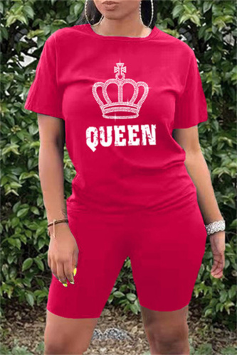 Red Fashion Casual Letter Print Hot Drill O Neck Short Sleeve Two Pieces