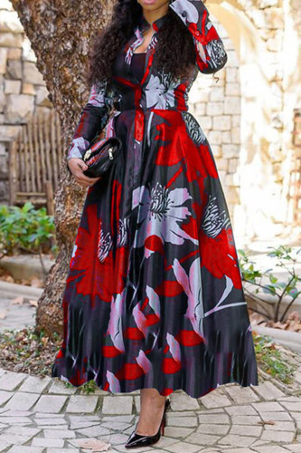Red Fashion Print Basic Turndown Collar Long Sleeve Dresses