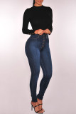 Blue Fashion Casual Solid Buttons High Waist Skinny Denim Jeans