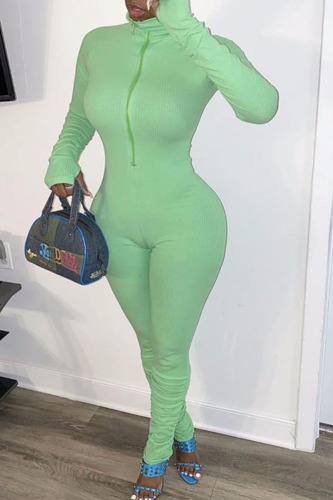 Green Sexy Solid Zipper Patchwork O Neck Skinny Jumpsuits