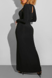 Black Fashion Sexy Patchwork Solid Hollowed Out See-through O Neck Long Sleeve Dresses