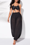 Black Fashion Casual Solid See-through Slit Regular High Waist Trousers