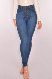 Blue Fashion Casual Solid Buttons High Waist Skinny Denim Jeans