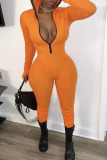 Orange Sexy Solid Zipper Patchwork O Neck Skinny Jumpsuits