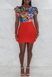 Multicolor Fashion Casual Print Basic O Neck Short Sleeve Skinny Romper