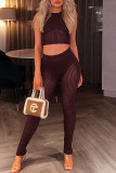Apricot Sexy Solid Patchwork See-through O Neck Sleeveless Two Pieces