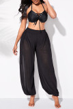 Black Fashion Casual Solid See-through Slit Regular High Waist Trousers