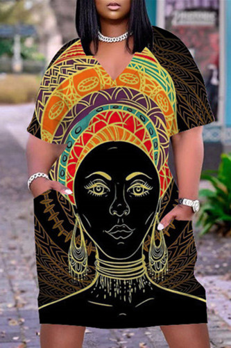 Black Yellow Fashion Casual Print Basic V Neck Short Sleeve Dress