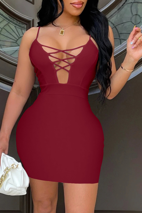 Burgundy Sexy Solid Patchwork Spaghetti Strap Pencil Skirt Dresses