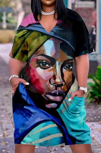 Blue Black Fashion Casual Print Basic V Neck Short Sleeve Dress