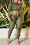 Green Fashion Casual Print See-through O Neck Long Sleeve Two Pieces