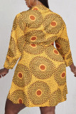 Orange Yellow Casual Print Patchwork V Neck A Line Plus Size Dresses