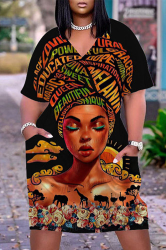 Black Orange Fashion Casual Print Basic V Neck Short Sleeve Dress