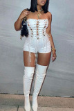 Black Sexy Solid Bandage Hollowed Out Patchwork Strapless Regular Rompers