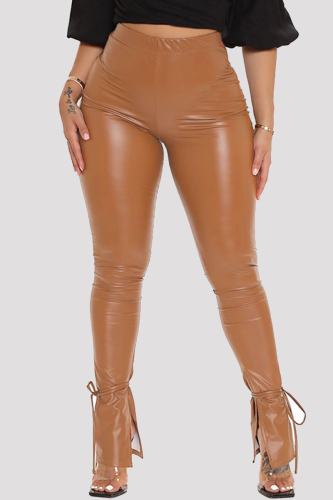 Coffee Fashion Casual Solid Bandage Slit Skinny High Waist Trousers