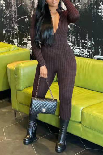 Black Sexy Print Patchwork Zipper Collar Skinny Jumpsuits