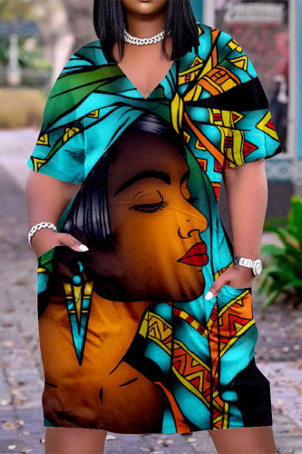 Cyan Fashion Casual Print Basic V Neck Short Sleeve Dress
