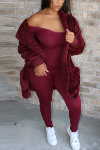 Wine Red Fashion Casual Hooded Collar Solid Velvet Faux Fur Coats
