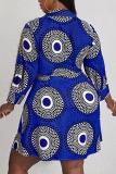 Deep Blue Casual Print Patchwork V Neck A Line Plus Size Dresses