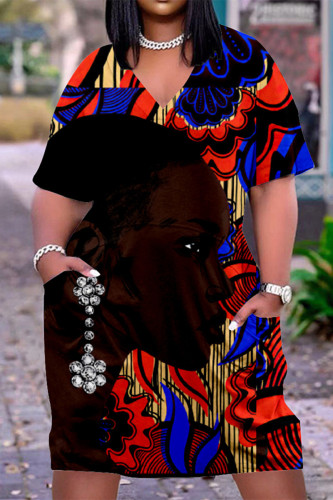 Black Red Fashion Casual Print Basic V Neck Short Sleeve Dress