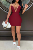 Burgundy Sexy Solid Patchwork Spaghetti Strap Pencil Skirt Dresses