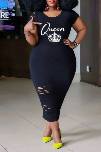 Black Casual Print Ripped Patchwork O Neck Straight Plus Size Dresses