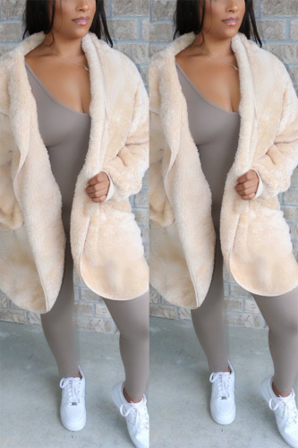 White Fashion Casual Hooded Collar Solid Velvet Faux Fur Coats